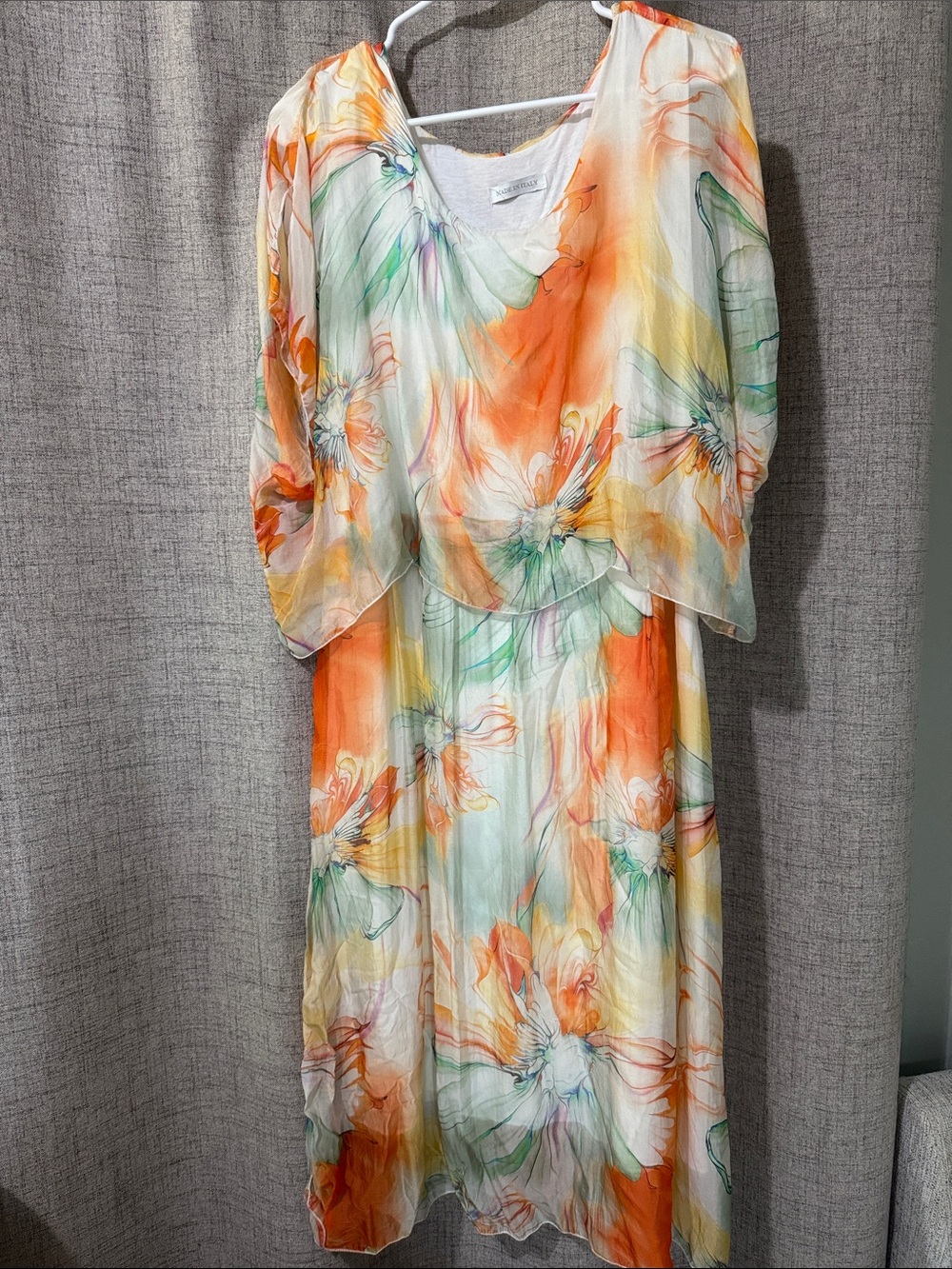 Chiffon Floral Midi Dress in Orange & Green